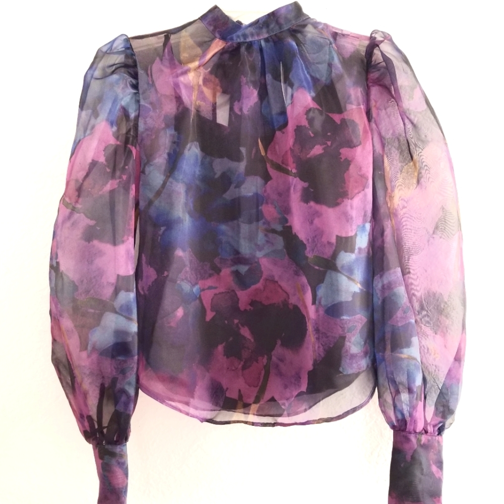 Anthropologie Organza Back Bow Puff Sleeve Blouse Size XS Black Purple B… - Picture 4 of 14
